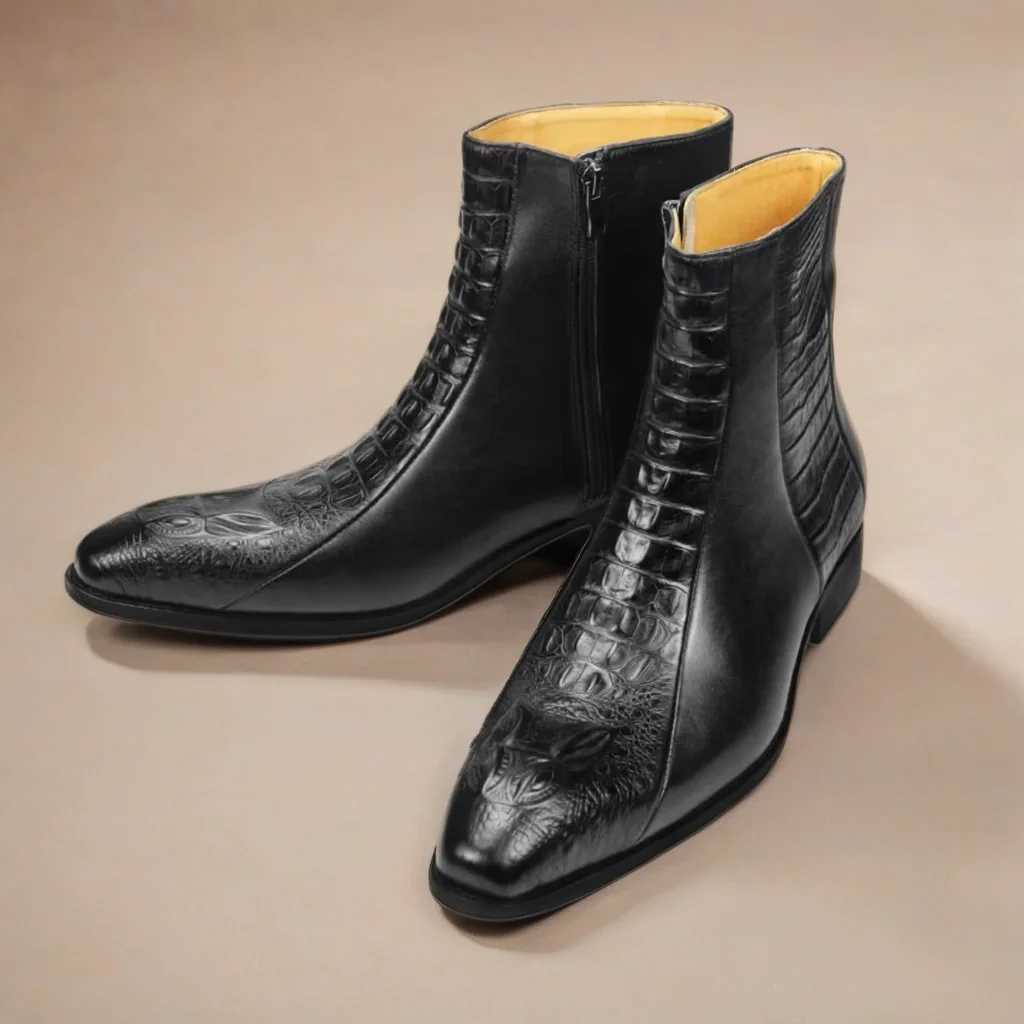 Elegant mens dress Boots Handmade Genuine cow leather crocodile skin printing Zipper Luxury design Autumn casual shoes for men Z250303