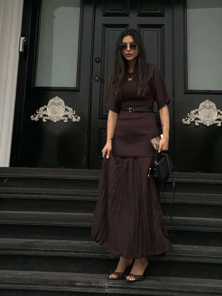 Women's Patchwork Pleated Dress Elegant O-Neck Half Sleeve Maxi Dressess 2025 Summer New Lady Fashion Female Vestidos