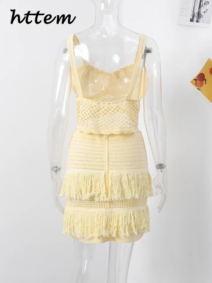 Sexy Knitted Tassels Top Mini Skirt Set Women Crop Bikini Vests Multi Layers Fringe Skirts 2025 Summer Lady Beach Party Outfits 250228