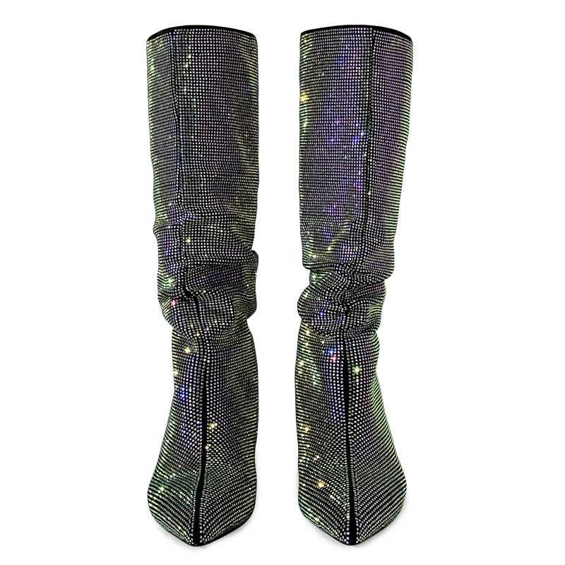 Luxury Crystal Knee High Boots For Women 2024 New Trends Autumn Winter Long Shoes Female Western Boot Large Size Brand Crystal Z250303