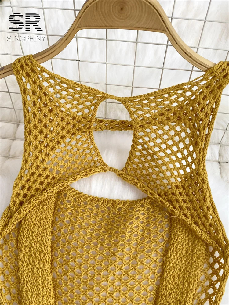 SINGREINY Yellow Sleeveless Jumpsuit Women Hollow Out O Neck Elegant Stretch Transparent Ladies Casual Summer Slim Rompers 250225