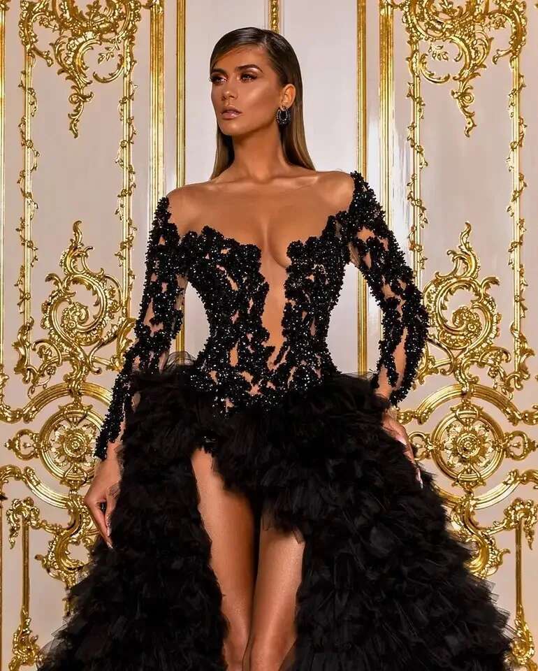 Black Dubai Evening Dresses 2024 Pearls Long Sleeves Ruffles Hi-Lo Tulle Sexy Women Formal Prom Pageant Gowns Custom Made