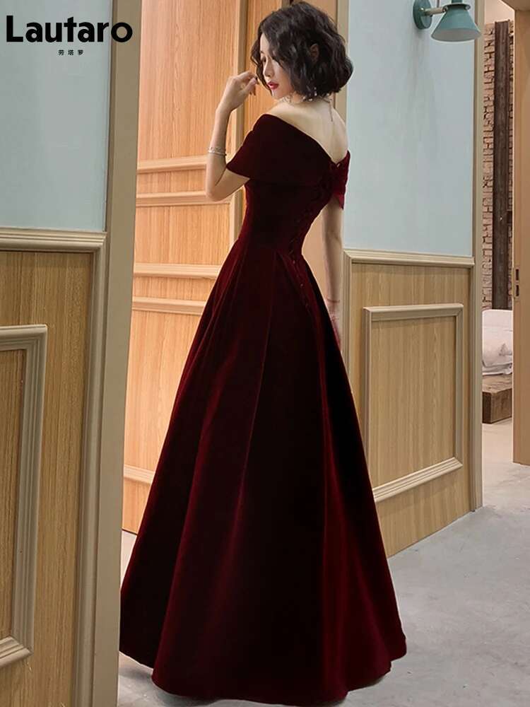 Lautaro Spring Long Elegant Wine Red Soft Veet Evening Party Wedding Dresses For Women 2022 Off Shoulder Maxi Dress