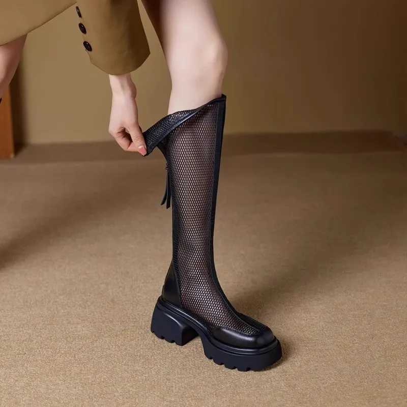 Boots Women Chunky Heel Knee-length Platform Women Female Round Toe Zipper Sandals Mesh Ladies Fashion Comfort Women Shoes Z250303