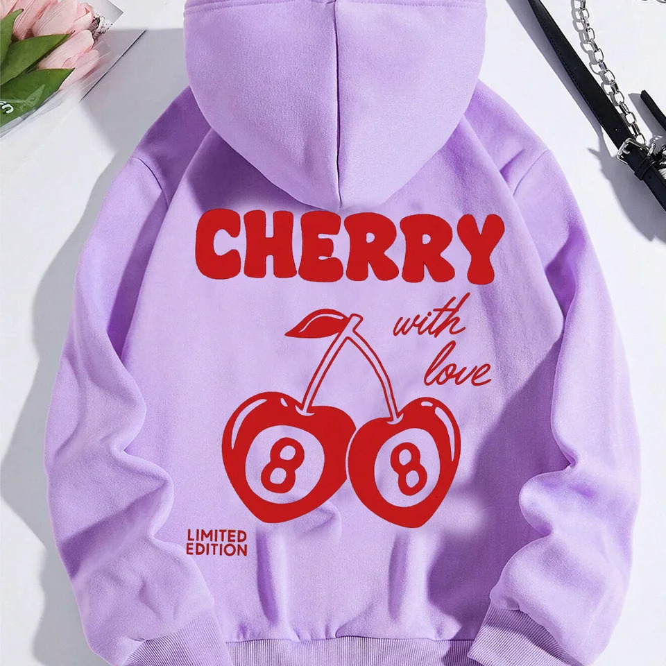Cherry Print LongSleeved Sweater Women Spring Autumn Drawstring Hoodie Casual Vintage Ladies Basic Wear Hooded Tracksuit Tops 250303