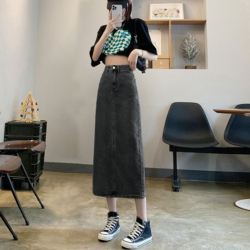 X33200 women's medium-length skirt high waist slim A-line skirt 2023 spring new denim slit skirt