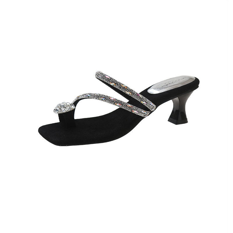 Free shipping designer slippers for womens Low heeled slippers sliver purple black New Summer Fashion Coarse Heel Water Diamond Cold Slippers