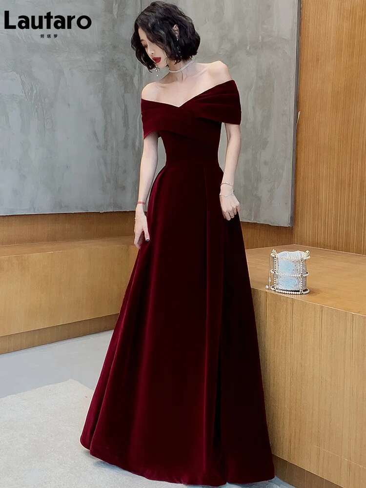 Lautaro Spring Long Elegant Wine Red Soft Veet Evening Party Wedding Dresses For Women 2022 Off Shoulder Maxi Dress