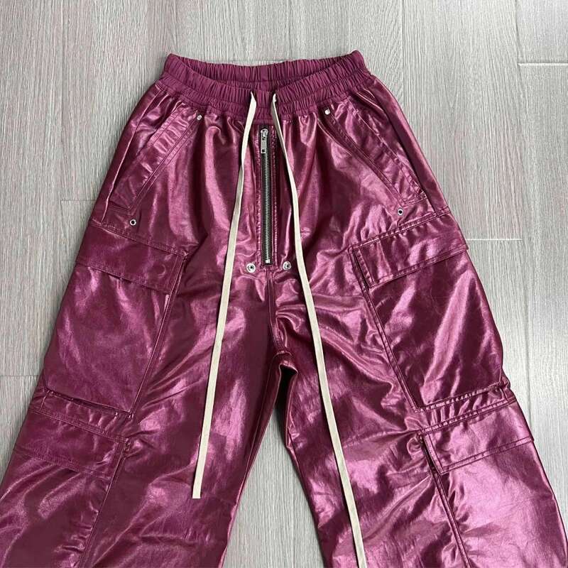High Street Casual PU Material Pocket Design Cargo Pants Drawstring Full Length Men's Clothing