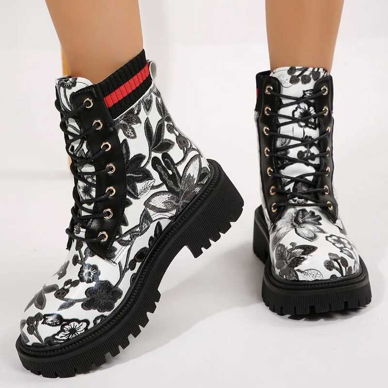 2024 Plus Size Shoes Female Mid-Calf Womens Boots New Modern Boots Women Print Lace Up Round Toe Side Zip Med Heel Shoes Women Z250303