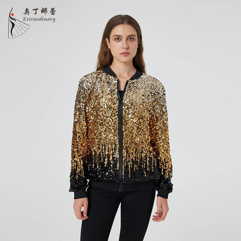 Fashionable womens sequin multicolor winter jacket with zipper collar and cuffs 250228