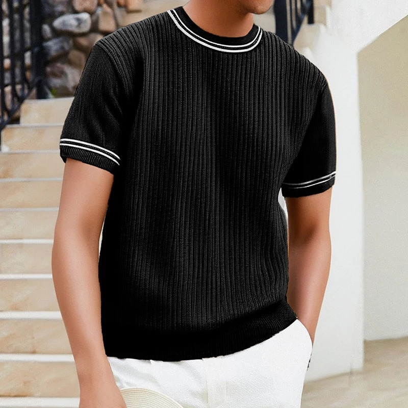 Fashionable Mens Slim Knit T Shirts Spring Summer Casual Short Sleeve Crew Neck Striped Knitted T-shirt For Men Knit Jumper 250224
