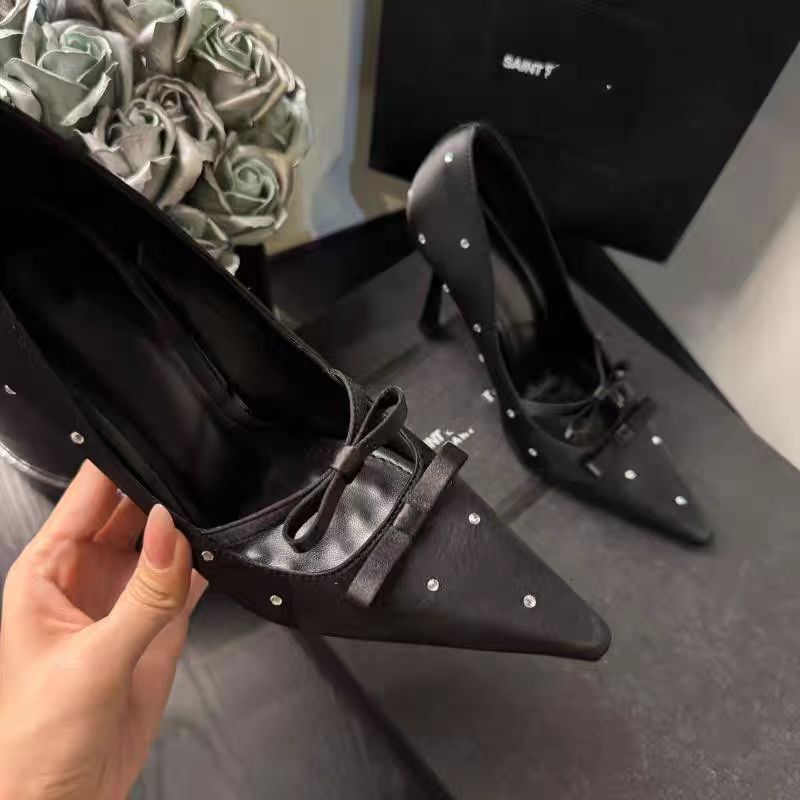 Advanced polka dot French temperament bow square toe black rhinestone single shoes for women, 2025 new high heels