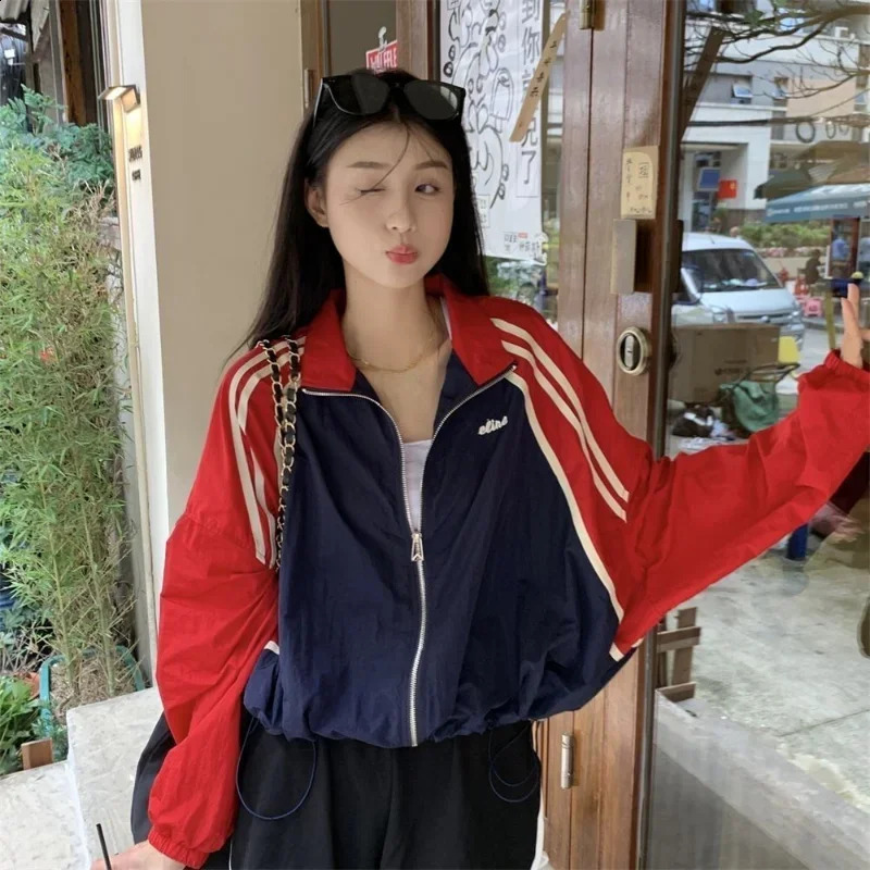 American Vintage Varsity Jacket Women Long Sleeve Sweatshirt Coat Baseball Jerseys Sun Protection Casual Loose Thin Tops 250228