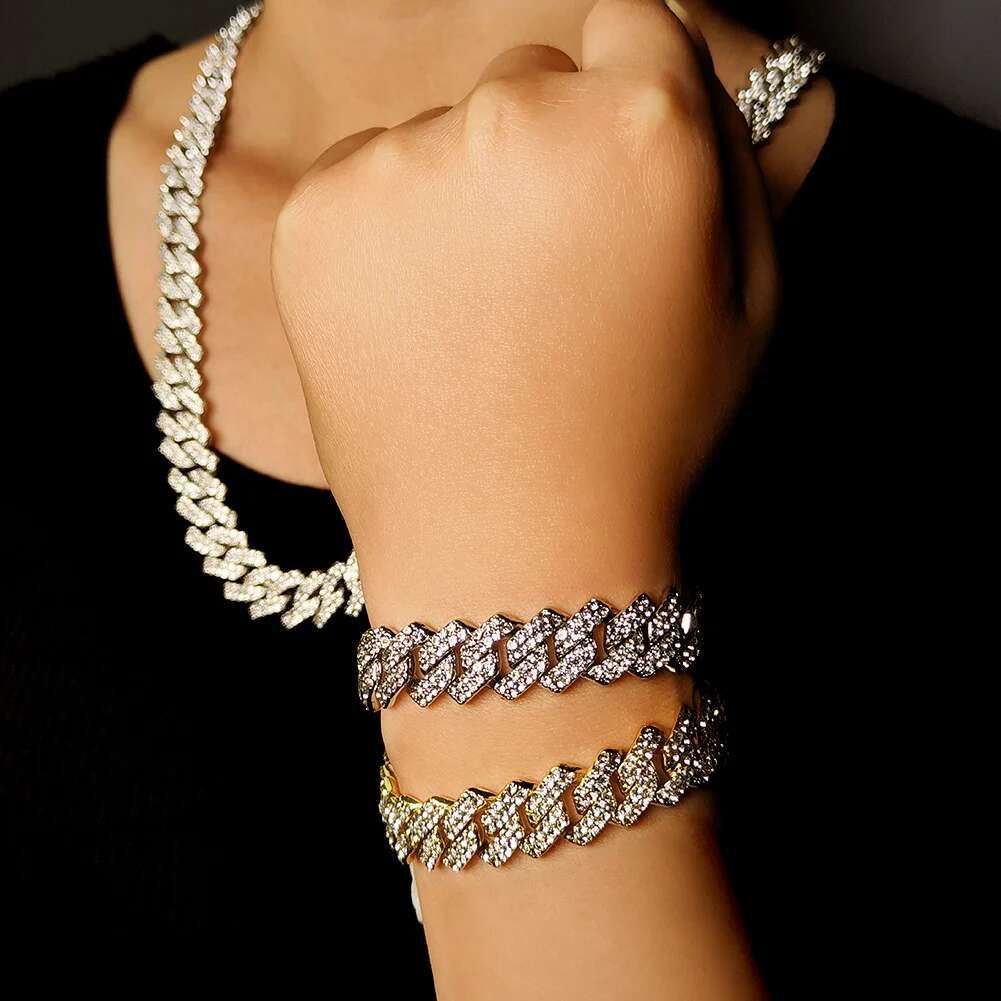 Sier Color 14mm Prong Miami Chain Necklace For Women Iced Out 2 Row Rhies Square Cuban k Choker Jewelry