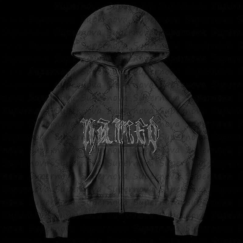 Trendy brand men's and women's street pattern embroidery hooded zipper loose sweatshirt sports jacket