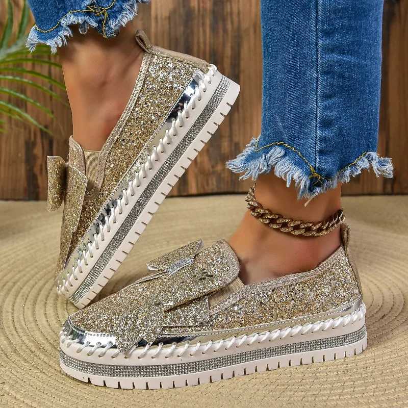 Shoes Women New Flats Sequined Sneakers Casual Women Lace-up Fine Diamond Sequins Platform Vulcanized Shoes M250303