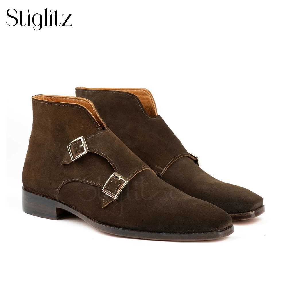Double Monk Strap Ankle Boots Brown Suede British Style Booties Handmade Ankle Boots Customized Luxury High Quality Mens Shoes Z250303