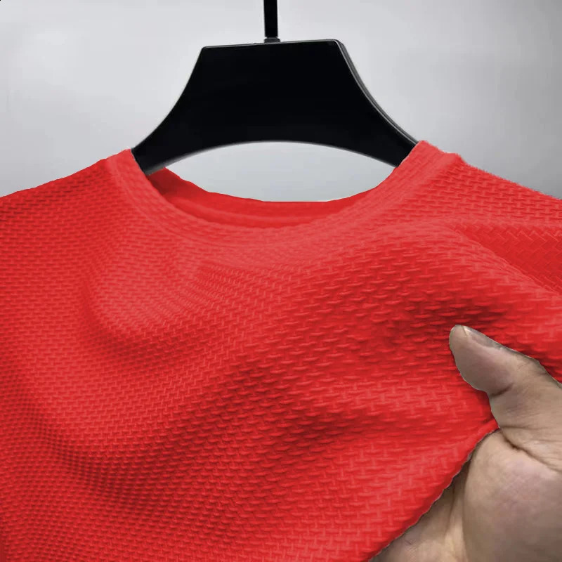 Mens High-quality Silk Hollow Short Sleeved T-shirt for Summer Fashion Leisure Breathable Cool Polo Shirt Top 250226