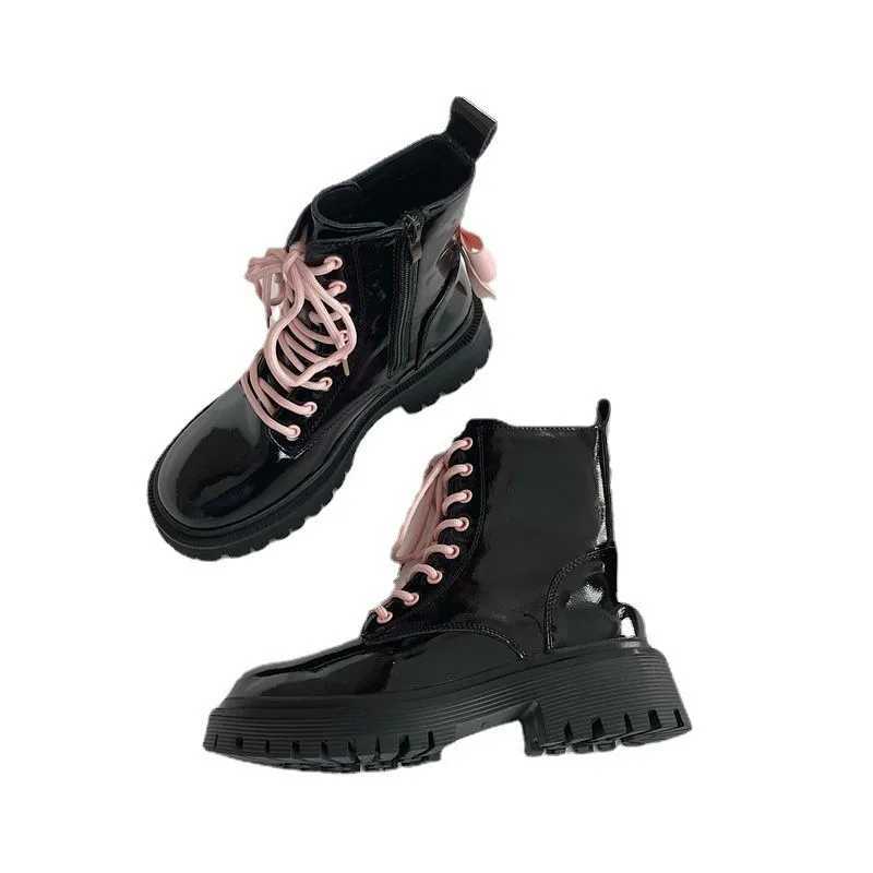 Boots For Women With Pink Bow Contrast Color Patent Leather Biker British Style Platform Ankle Boots Non-slip Thick Sole Shoes Z250303