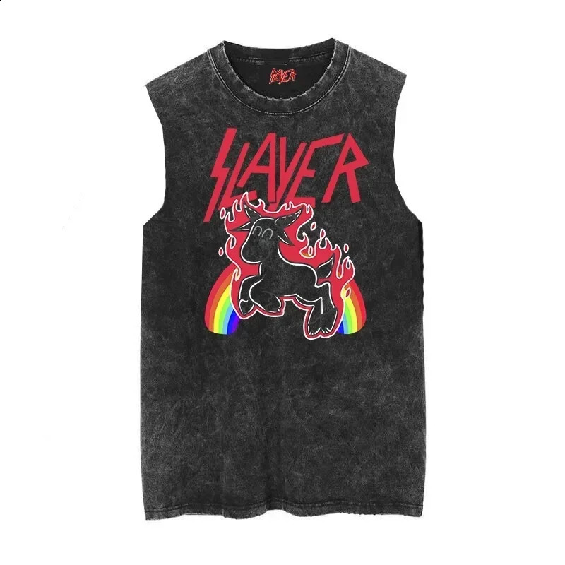 100% pure cotton slave killer band torrent metal god hate using old wash retro wax printed sleeveless T-shirt vest 250226