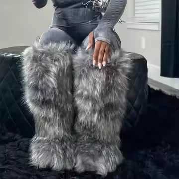 Luxury Y2K fur snow boots for women in winter 2024 50cm thick and high fluffy synthetic fur boots on the knee womens plush warm platform shoes Z250303