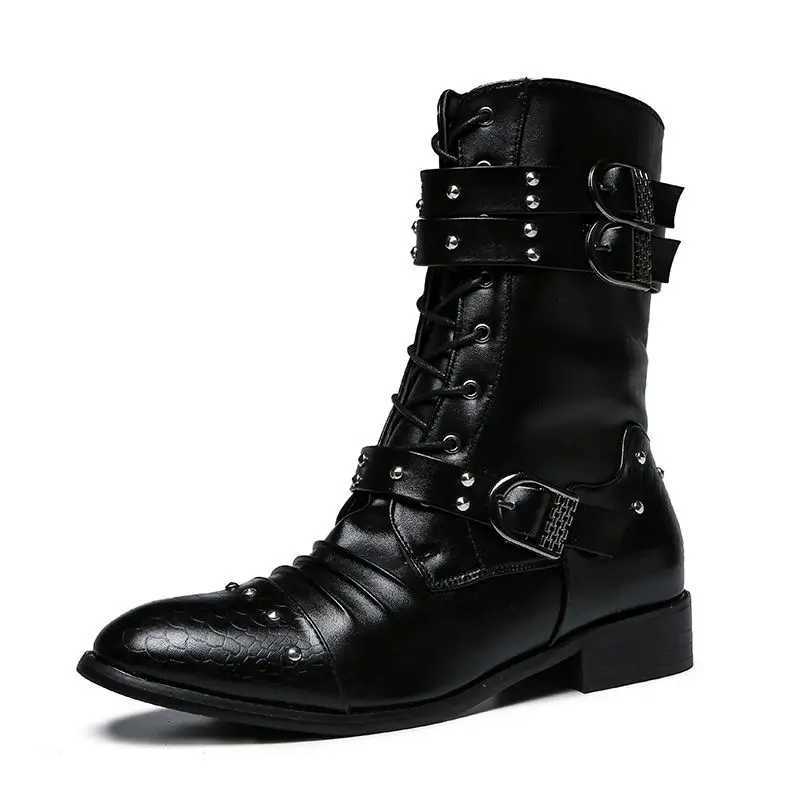 Black mens long boots for autumn and winter high fashion British boots with high bucket corners fashionable rivets mens boots Z250303