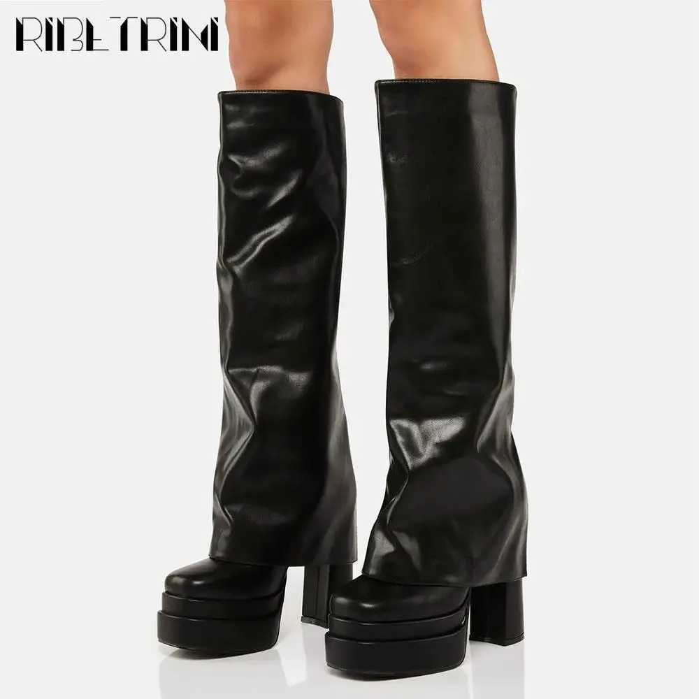 INS Brand Winter Women Fold Over Boots Chunky High Heeled Double Platform Shoe Knee High Luxury Punk Goth Sexy Street Boots Z250303