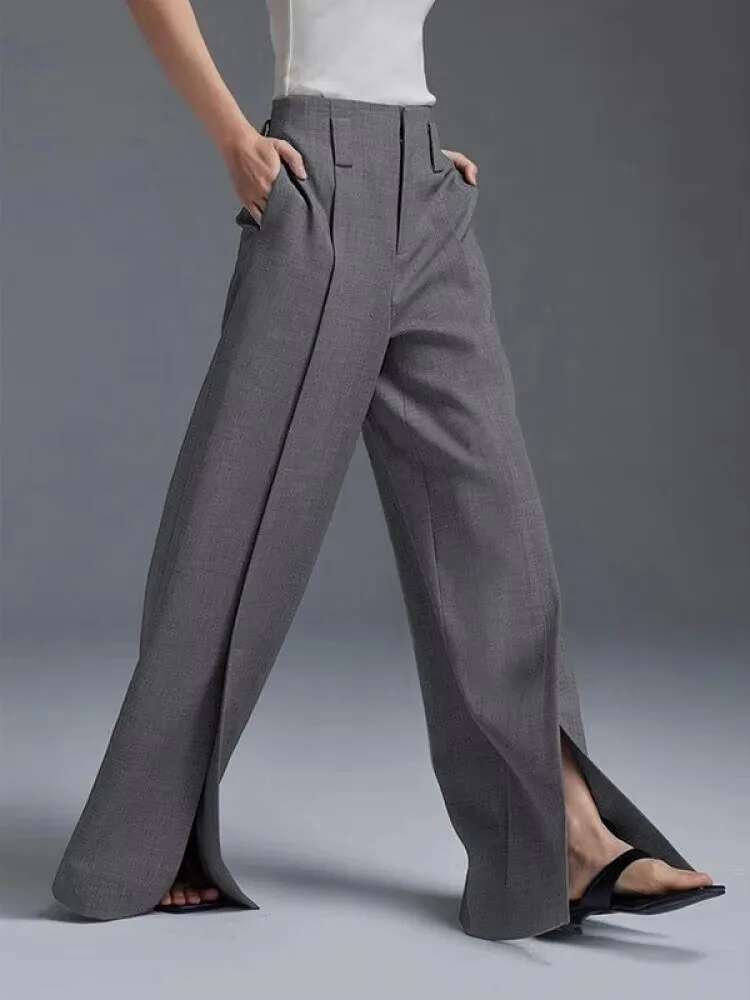 Yeezzi Urban Female Suit Pants 2024 New Fashion Black White Color Loose Straight Pant High-Waisted Pleated Split-Front Trousers
