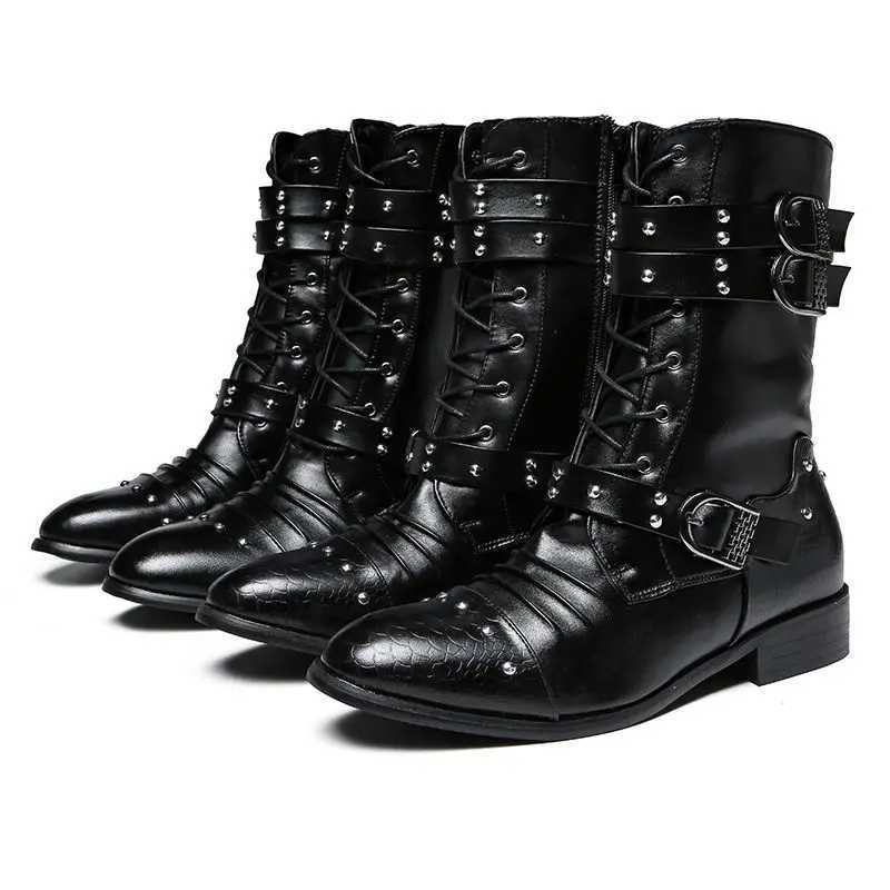 Black mens long boots for autumn and winter high fashion British boots with high bucket corners fashionable rivets mens boots Z250303
