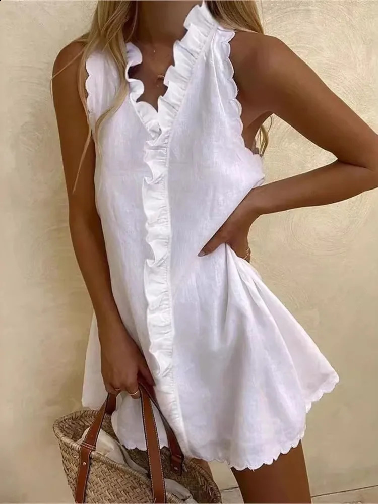 Women Casual Cotton And Linen White Dress Summer V Neck Ruffles Sleeveless Elegant Boho Beach Party Mini Dresses Female Dress 250227