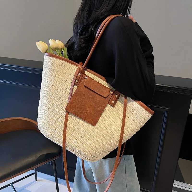 Brand Designer Str Patchwork Womens Shoulder Bag Retro Large Capacity Bucket Handbag Beach Bag for Summer Holiday Y250303