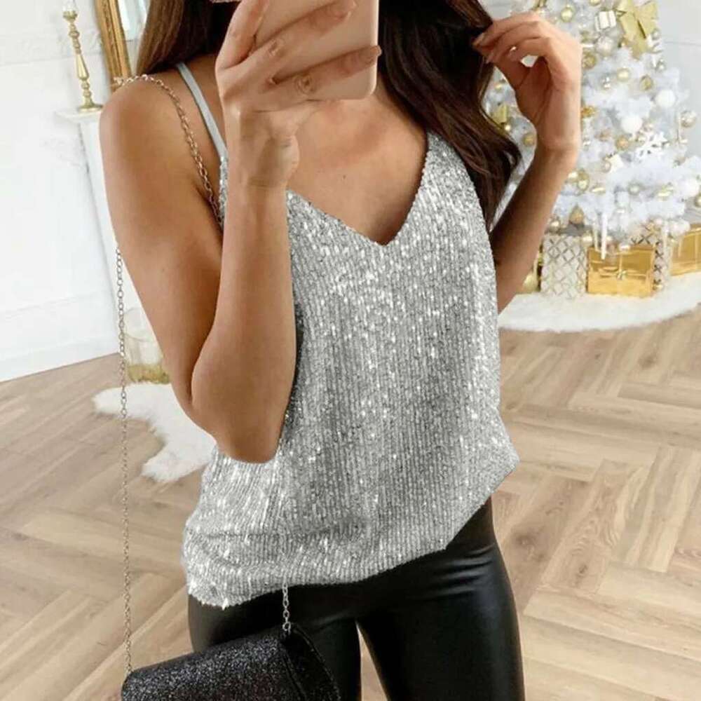 Glitter Strappy Womens Tank Tops Ladies Sexy Cami Solid Swing Vest Clubwear New 2025
