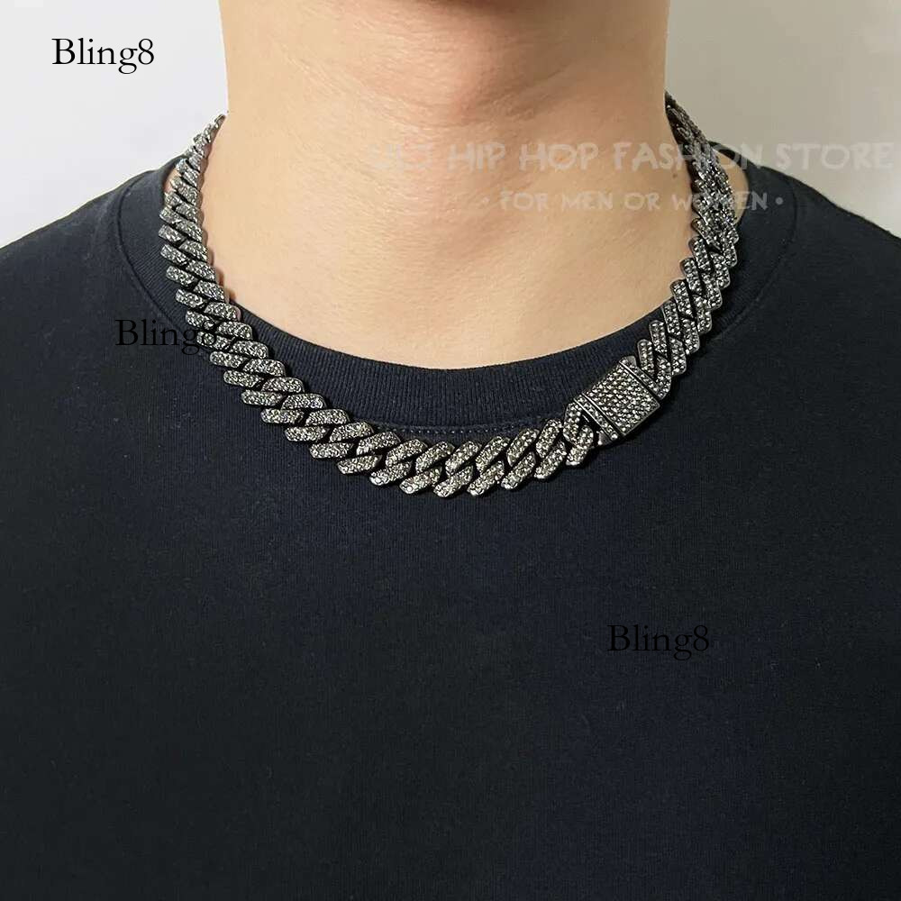 ULJ Hip Hop Men Women 14 Prong Cuban k Chain Bg Iced Out 2 Row Rhie Paved Miami Black Necklace Jewelry