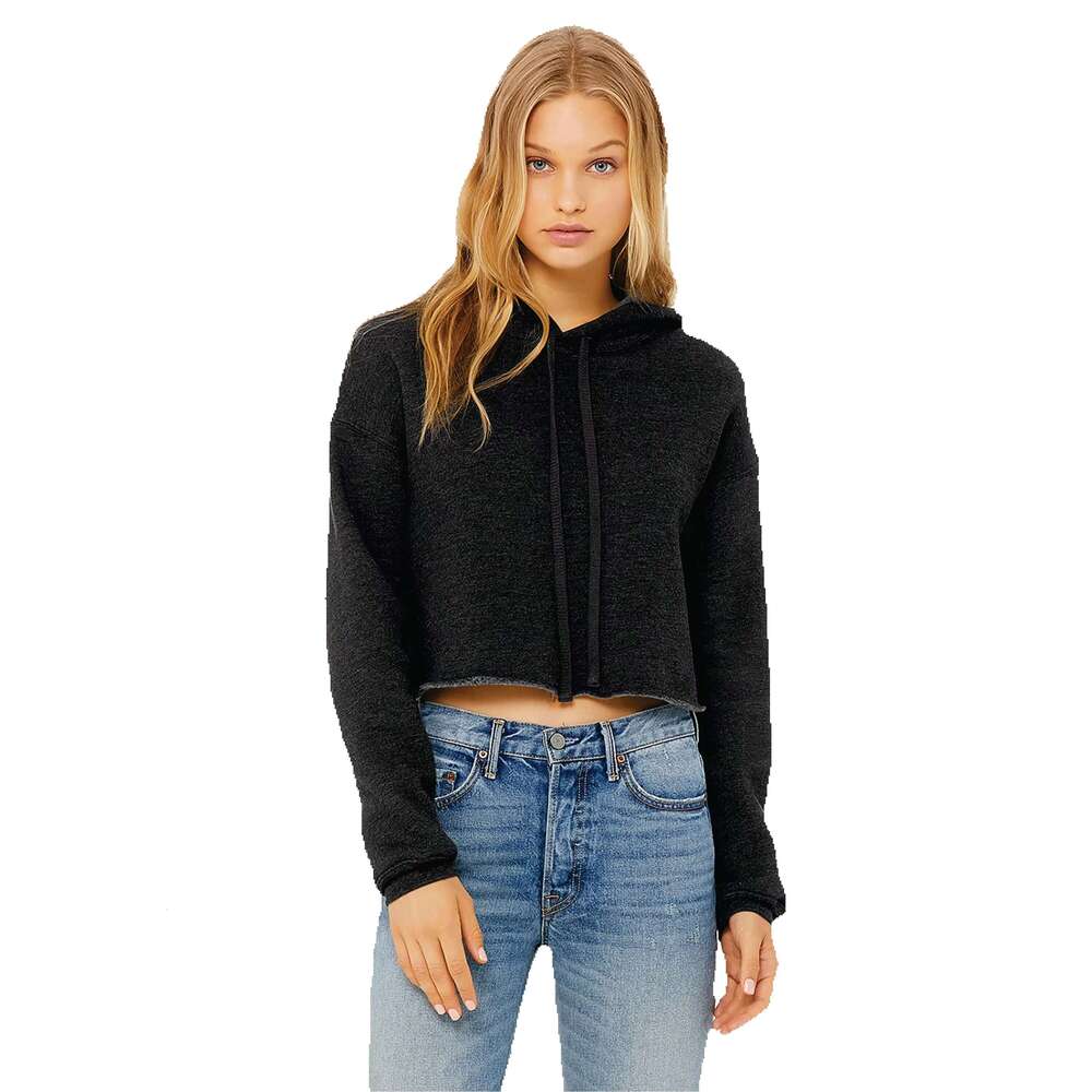 Dark Grey Women's Cropped Fleece Hoodie 52% Airlume Combed Ring Spun Cotton 48% Poly Raw Hem Dropped Shoulder Womens Sweatshirt