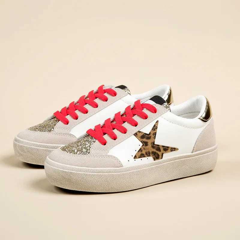 Womens Fashion Leopard Print Casual Sneakers With Sequins Stars Decor Black Thick Bottom Lightwear Fashion Woman White Shoes 41 M250303