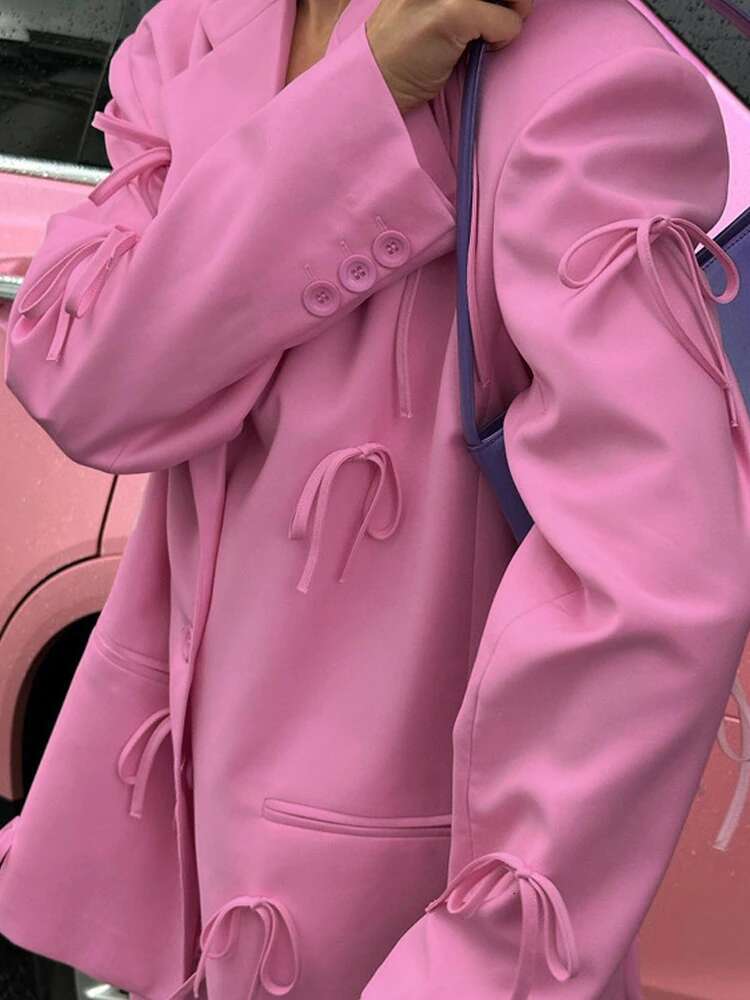 Patchwork Bow Women Elegant Notched Collar Pink Long Sleeve Blazer Autumn Chic Loose Single Breaste Office Coat