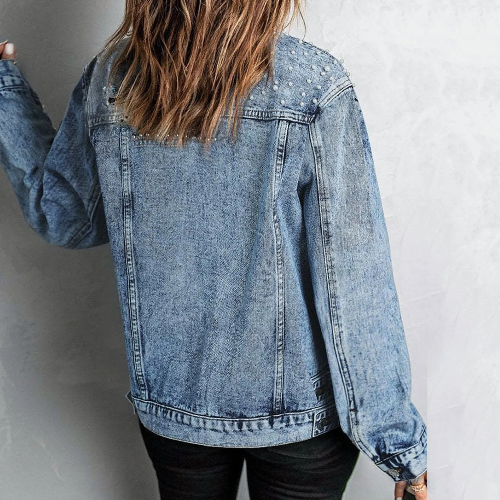 Womens Pearls Denim Jackets Autumn Beaded Casual ed Jean Coat for Women Outerwear Lapel Short Casaco 250228