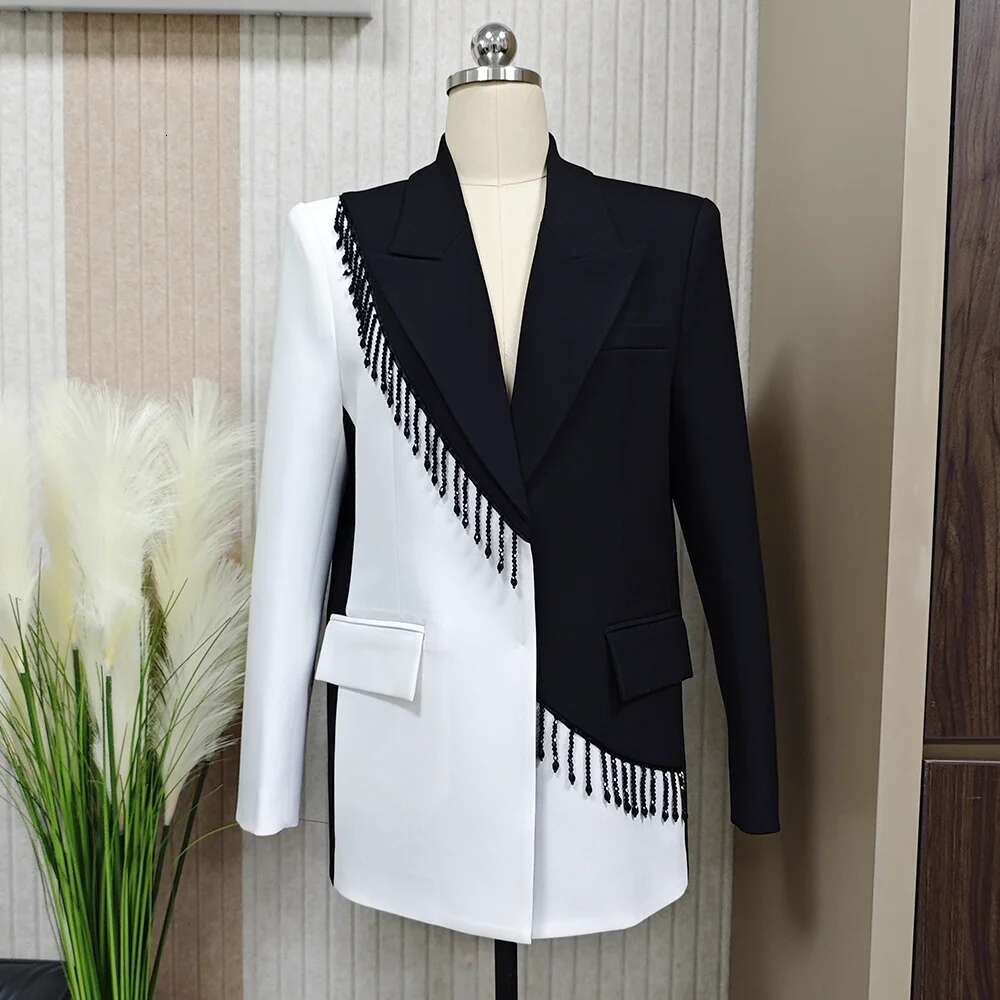 TWOTWINSTYLE Colorblock Patchwork Tassel Blazers For Women Notched Collar Long Sleeve Temperament Coats Female Fashion Clothes