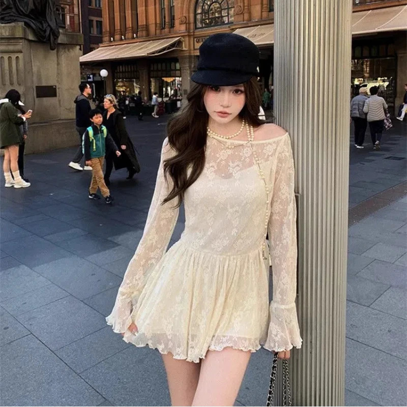 Pure and Sweet Short Skirt with Waist Slim Korean n Flare Sleeve Lace Offshoulder Dress for Women 250228