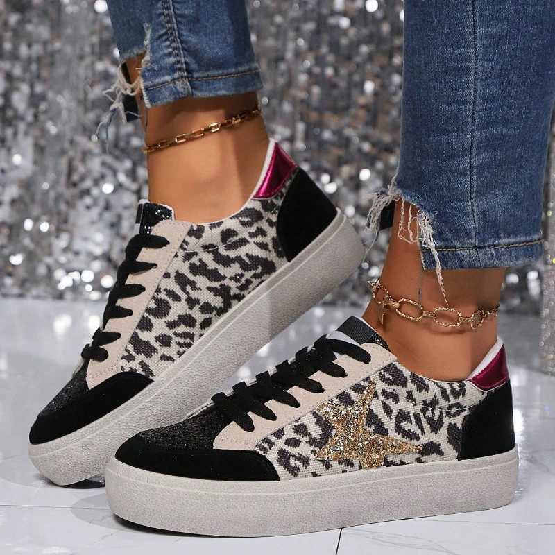 Womens Round Toe Leopard Print Casual Sneakers With Sequins Stars Decor Black Thick Bottom Lightwear Fashion Woman White Shoes M250303