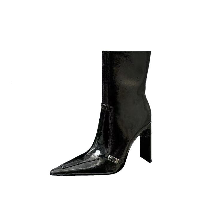 Sharp pointed short for women 2025 new spring and autumn season high heels patent leather fashionable slim thick heel mid tube boots
