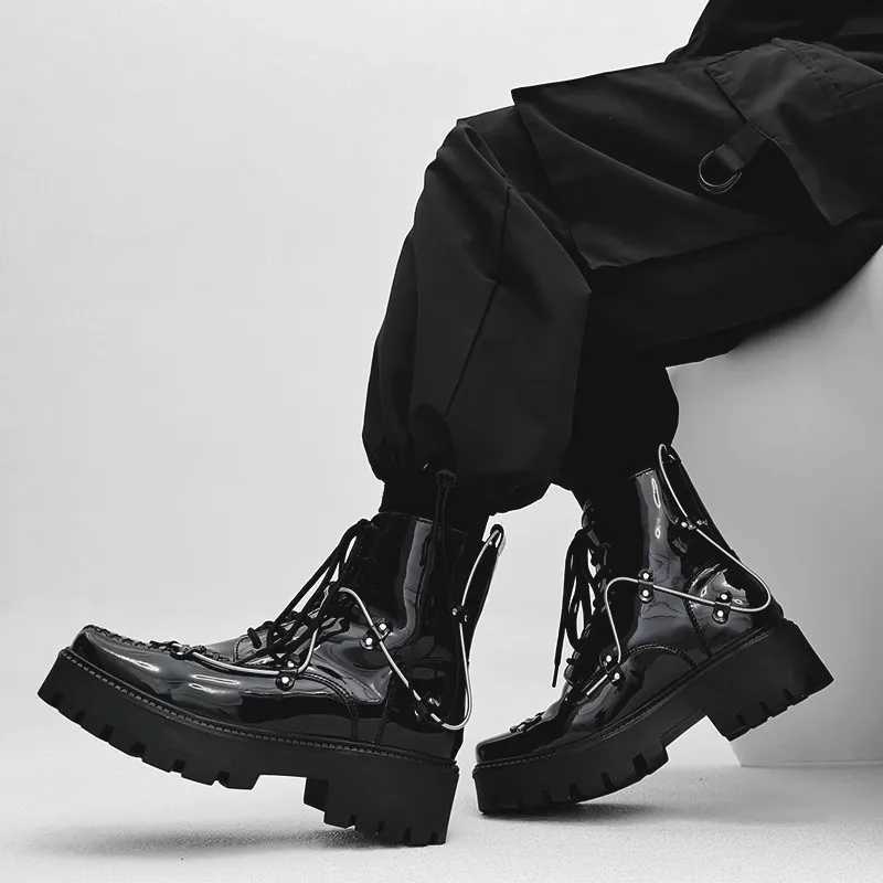 Qvah Owens Men Motorcycle Boots Platform High Top Rock Gothic Sneakers Leather Luxury Trainers Lace Up Autumn Black Shoes Z250303