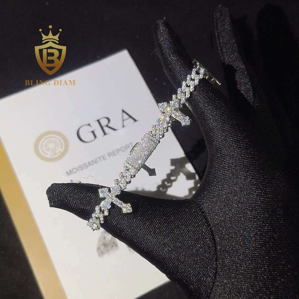 Solid Sier 6Mm Hip Hop For Men Women Fashion Moissanite Cross Cuban K Chain Bracelet