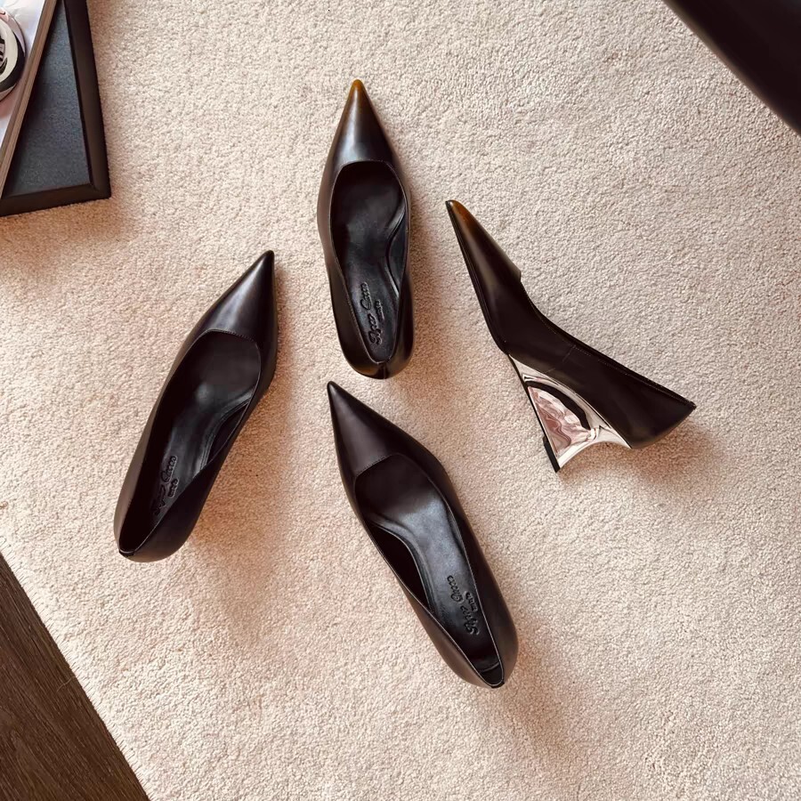 Lily liver French style socialite polished single women's 2024 new pointed toe wedge shallow mouth heel shoes