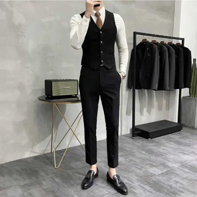 (Jacket+Tank Top+Pants) High end Brand Boutique Fashion Solid Color Mens Casual Business Set 3-Piece Groom Wedding Dress M250303