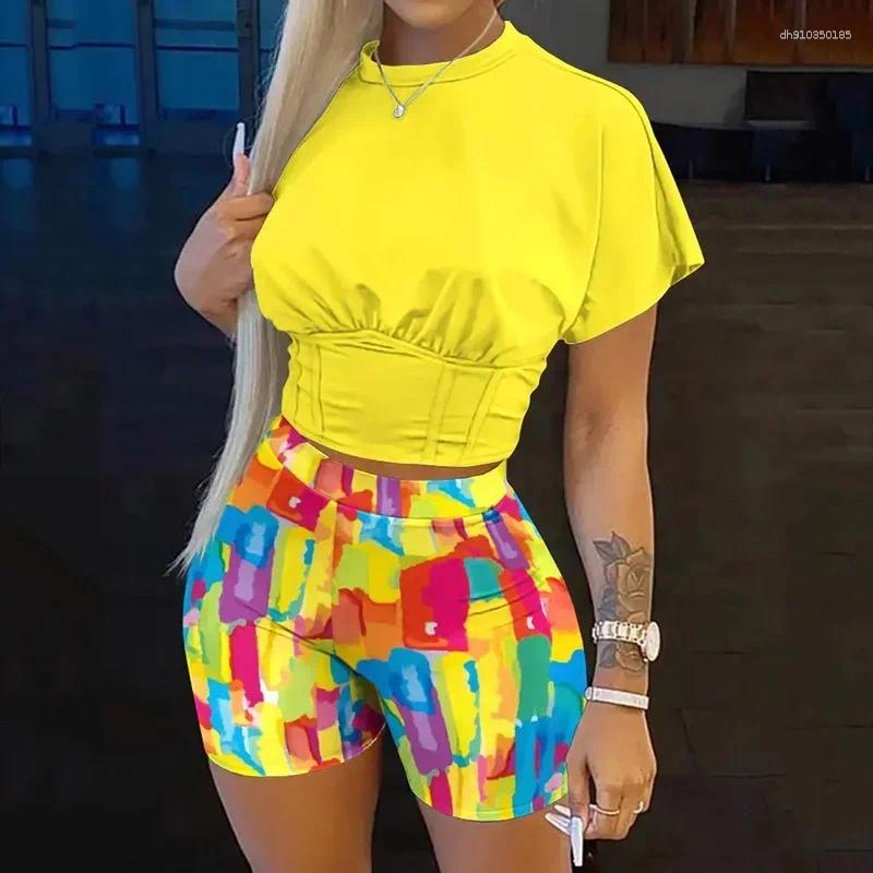 Women's Tracksuits Short Outfits Spring Summer Fashion Sexy Abstract Printed Bodycon T-Shirts And High Waist Pencil Shorts Two Piece Sets