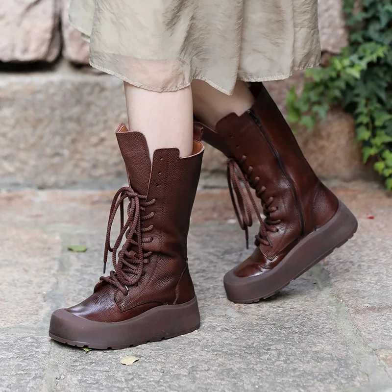 Birkuir Thick Heel Long Boots For Women Lace Up High Top Short Plush Flat Platform Boots Genuine Leather Luxury Long Boots Z250303