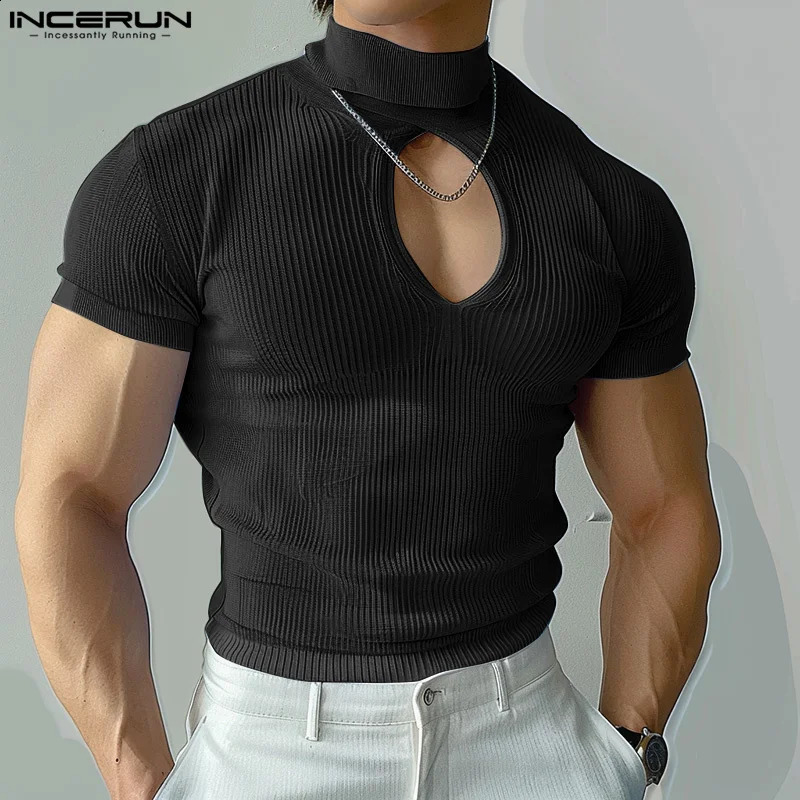 INCERUN Mens T Shirt Turtleneck Short Sleeve Hollow Out Solid Color Skinny Men Clothing Streetwear Knitted Summer Tee Tops 250226
