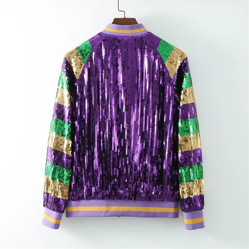 Spring and summer patch work color long sleeved round neck sequined jacket loose streetwear zipper hiphop womens 250228